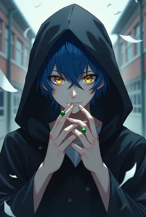 A handsome boy about 20 years old with blue hair has to come out, put a robe all the way up to his head, and his eyes are yellow, and he has green beads on his hands. The color of his clothes is black, and the background is a little bit of paper blown arou...