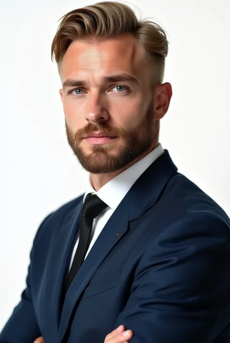  Very large white man , 27 years old,  blond hair, striking eyes,  beautiful lips ,  thick eyebrows ,  beard .  he is handsome , seductive, masculine, elegant. Are you wearing a navy blue suit.  white background. 