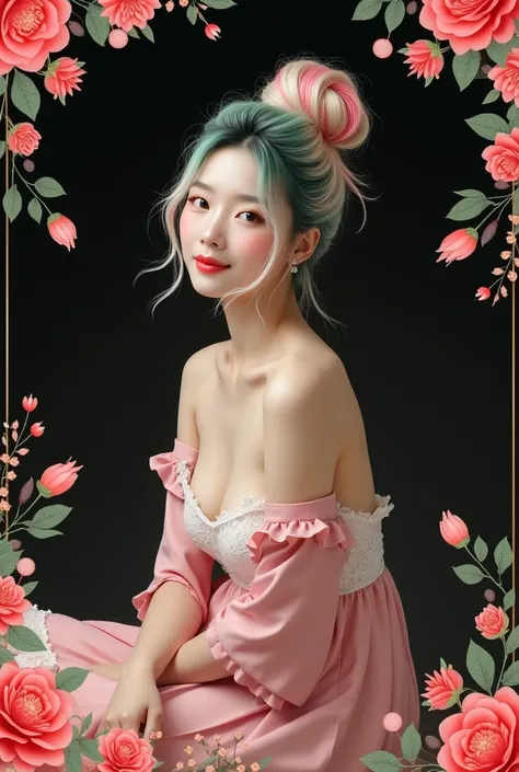  Beautiful Korean woman posing gracefully and attractively , sitting sideways while glancing at camera soft and cute smile, hair color green ,pink,dan white diikat tinggi, black background with red rose flower decoration ,white,and picture of cat ,tiger, u...