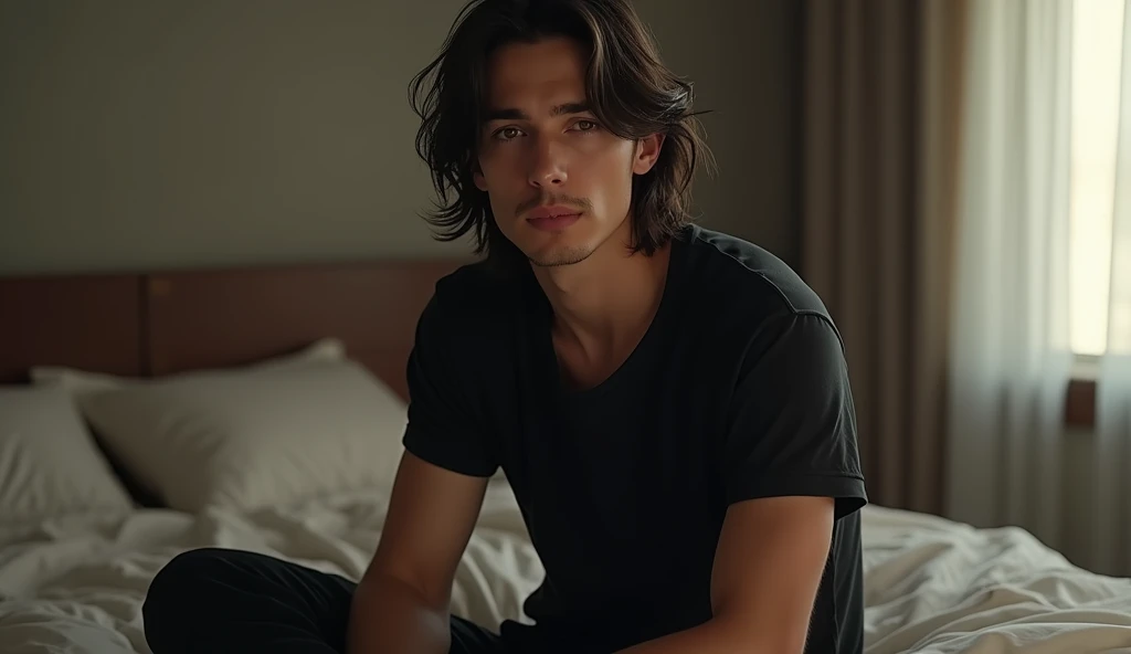 Realistic picture ,a man with shoulder length hair,  sitting sideways on the bed , wearing black T-shirt, point of view wide ,realistic style, realism