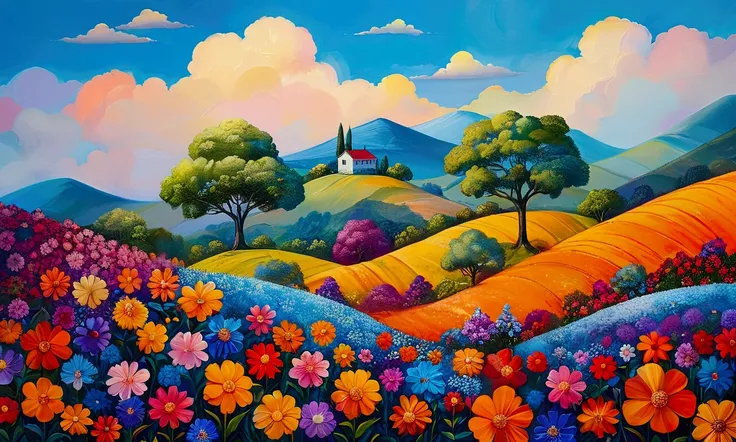 Masterpiece, top quality, high resolution, best composition, vibrant abstract landscape, a large broadleaf tree stands on top of a hilly area, a landscape with rolling hills, colorful hilly landscape, various flowers blooming on the hills, blue sky and whi...