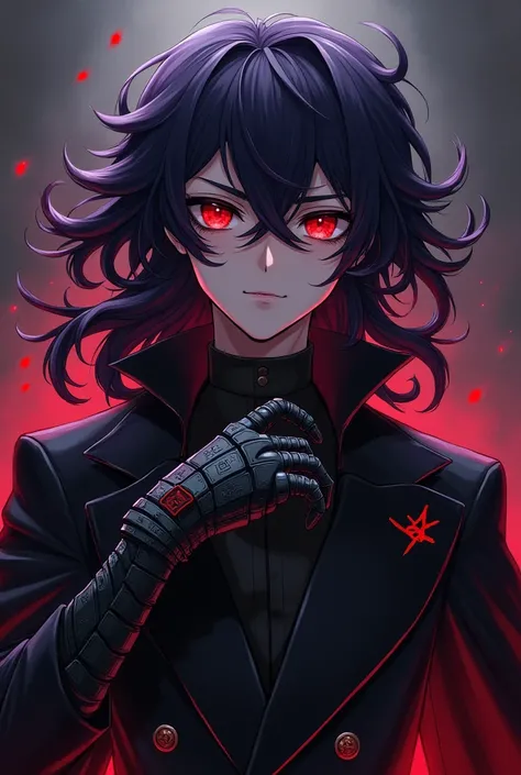  an anime-style guy with big black and long curly hair with shades of dark purple, a black overcoat with some red details on the edges ,  red eyes with a combat glove with runes written on it
