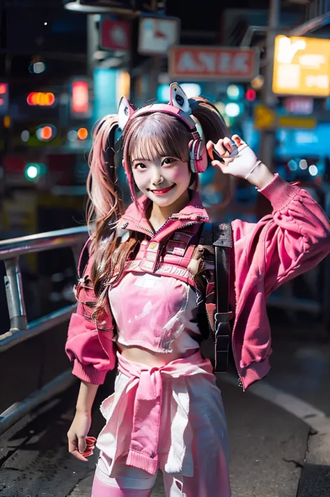  top quality , masterpiece,  realistic, 1 woman, Alone, Full body,  standing , She draws a V with both hands above her head and smiles, alice  Cosplay  costume,  Cosplay ,  pink hair, Pigtails,  cropped jacket ,  Animal Ear Headphones ,  bodysuit ,  perfec...