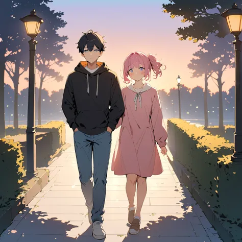 "A cute high school girl with short pink hair styled in a slightly messy and tousled way, wearing a casual black hoodie paired with simple jeans. She is walking alongside a high school boy with short black hair, both of them appearing shy yet happy. The gi...