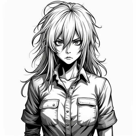 adult woman in black and white manga style. sharp and narrow eyes. long hair, thick and messy. wear a work shirt. facing forward. her hair is white and she has Russian ancestry. Eyes a bit narrow. 