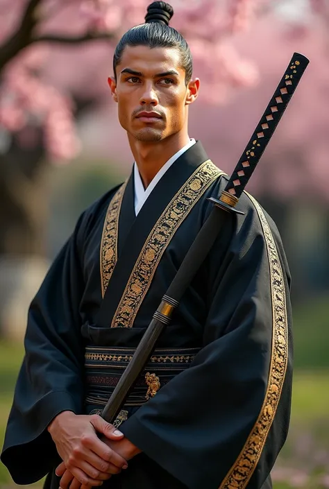 Photorealistic close-up of Cristiano Ronaldo from head to knees, dressed in a traditional black and gold samurai kimono with a katana held gracefully. He stands amid a Zen garden, surrounded by cherry blossoms gently falling in the breeze. His expression i...