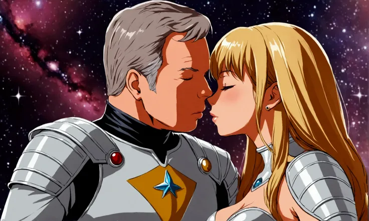 Captain Kirk (space gladiator outfit, age 40 Shatner Kirk in his prime) is passionately holding and kissing a lovely exotic female alien gladiator (cute, gorgeous, sexy silver combat suit confused)
