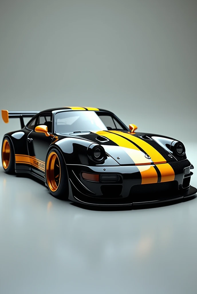 create an image of a black premium hotwheels package Porsche 911 black colour with yellow strips on it with low suspension and wide body kit.