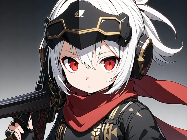  one girl ,  sexy,cool,White Hair, long ponytail, red eyes,Slanted Eyes,Small Nose,Small Mouth, boobs,Thighs,black dog headgear ,red scarf, skirt ,black armor （Gold decoration）, black revolver in right hand,Black Sword in the Left Hand ,Hold a large sword ...