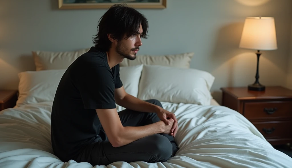 Realistic picture ,a man with shoulder length hair,  sitting sideways on the bed ,feet on the floor wearing black T-shirt, point of view wide ,realistic style, realism