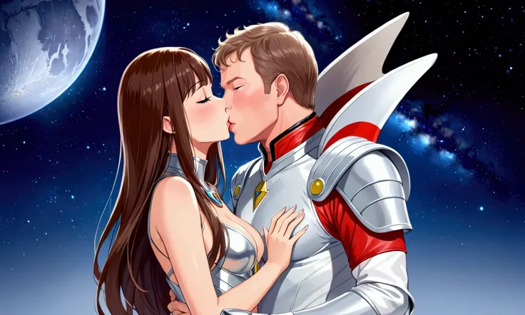 Captain Kirk (space gladiator outfit, age 40 Shatner Kirk in his prime) is passionately holding and kissing a lovely exotic female alien gladiator (cute, gorgeous, sexy silver combat suit confused)
