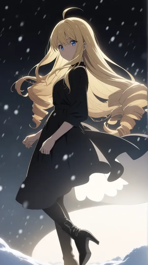 a woman, hopeful, wind long hair, blonde, long hair, drill hair, drill sidelocks, hair flowing over, ahoge, blue eyes, slant eyes, narrow eyes, pinup, black dress, Black high heel boots, flying, snowing, Snow is falling, snow in the black background, anime...