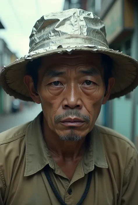 asian guy ,  old dusty dress ,  tense face head wearing foil hat,  background daytime session 