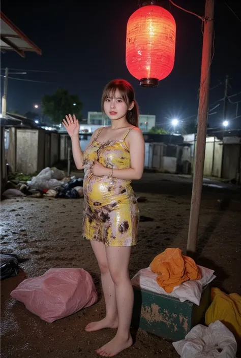 NSFW, mud, dirt, xlr_skin,
realistic, Press photo, Documentary Technique,
hasselblad, 85mm f1.4 zeiss lens, HDR,
(full body visible:1.5), 
In this photo she is seen from head to toe,
the ground she is standing on is wet,
facing the camera, looking at the c...