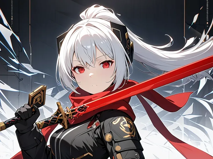  one girl ,  sexy,cool,White Hair, long ponytail, red eyes,Slanted Eyes,Small Nose,Small Mouth, Big Breasts ,Thighs,black dog headgear ,red scarf, skirt ,black armor （Gold decoration）, black revolver in right hand,Black Sword in the Left Hand ,Hold a large...