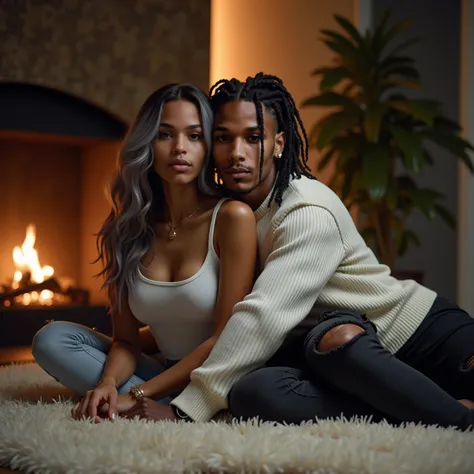 shoulder shot of an interracial white female and black male couple shot with a Leica M10. A stunning 20 year old white caucasian woman with lilac tint ombre hair, shes wearing a white chanel tank top and black yoga pants, an african american male, a very t...