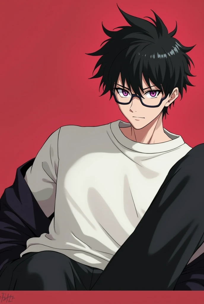 Anime screencap of a male student, he has very short, black hair in a tousled style. Hes wearing glasses and is wearing light sweater with baggy gray pants. His eyes shape are sharp yet firm, and his eye-color are dark purple. ultra detailed, HD full quali...