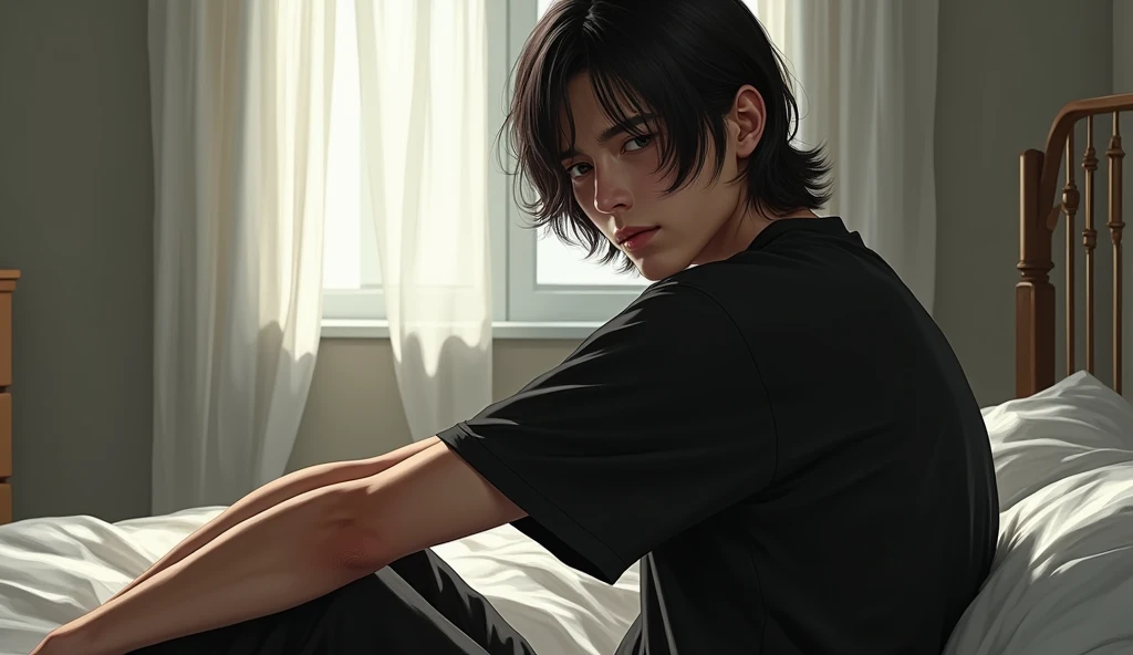 Realistic picture ,a man with shoulder length hair,  sitting sideways on the bed ,feet on the floor wearing black T-shirt, point of view wide ,realistic style, realism