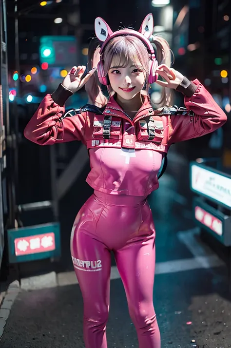  top quality , masterpiece,  realistic, 1 woman, Alone, Full body,  standing , She draws a V with both hands above her head and smiles, alice  Cosplay  costume,  Cosplay ,  pink hair, Pigtails,  cropped jacket ,  Animal Ear Headphones ,  bodysuit ,  perfec...