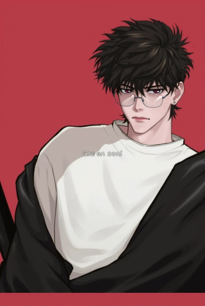 Anime screencap of a male student, he has very short, black hair in a tousled style. Hes wearing glasses and is wearing light sweater with baggy gray pants. His eyes shape are sharp yet firm, and his eye-color are dark purple. ultra detailed, HD full quali...