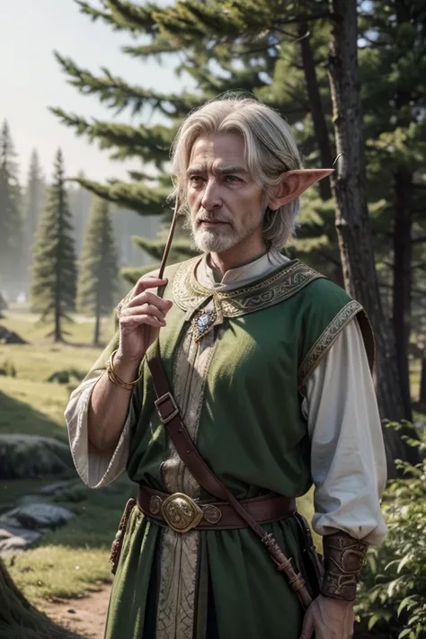 create a wise male elf, imponent, in his 30 years, no beard, many trees around, holding a golden bow
