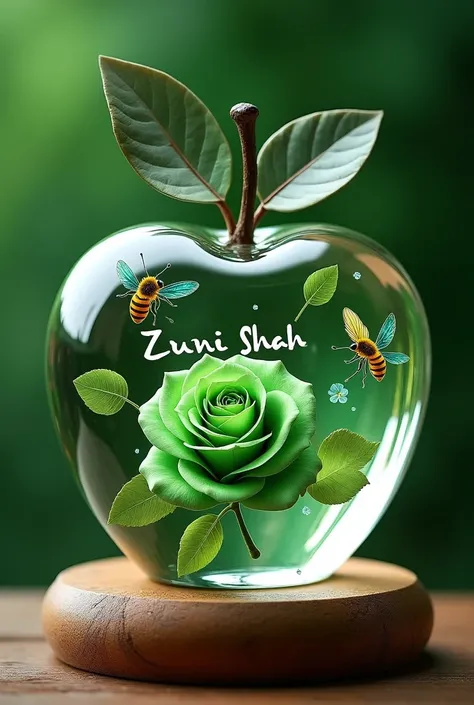 This is a transparent apple shaped, it is made of glass with
"Zuni Shah" clearly written inside. And surrounded by some
GREEN rose, bee, butterfly, GREEN background and is
placed on a wooden base, 16k ultra quality image