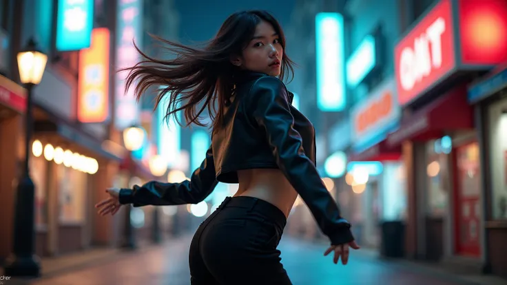 A stylish Japanese girl dancing in a trendy outfit, with her back slightly turned towards the viewer, capturing her graceful movements. She wears a modern, fashionable ensemble, including a sleek jacket, high-waisted trousers, and fashionable boots. The sc...