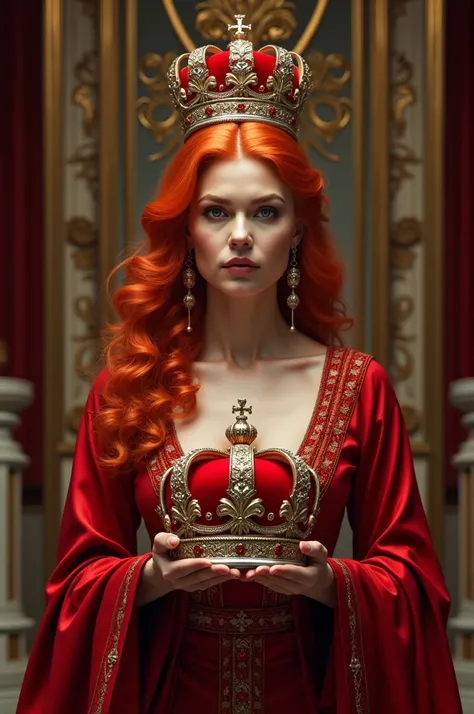 Red-haired woman holding a red crown