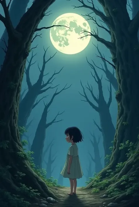 Satsuki from Totoro next door who fell into darkness is standing in a dress on a moonlit night