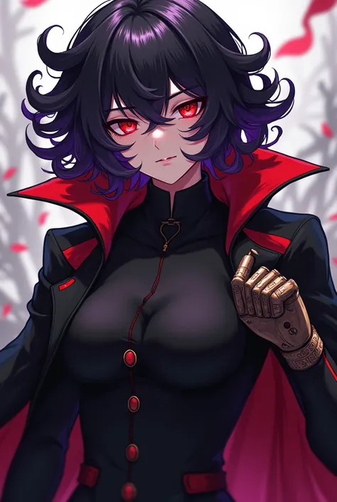  an anime-style guy with big black and long curly hair with shades of dark purple, a black overcoat with some red details on the edges , red eyes with a combat gauntlet with runes written on it
