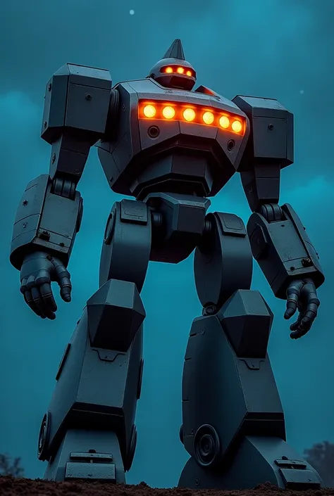 A massive robot with a metallic texture that emphasizes a sense of heaviness and solidity. The head has a pointed, helmet-like shape, giving it a warrior-like impression. A row of glowing orange eyes is horizontally aligned on its head, creating a unique a...