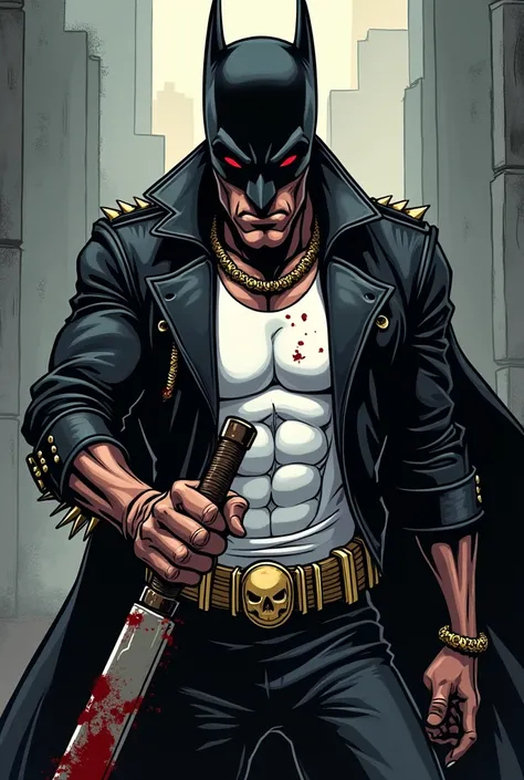 A cartoon villain with a white center and a black leather jacket, brown skin with a scratch on his eye, red eyes, spike-shaped rings with a bat in his hands with a tepua chain stained with blood, skinny but with a muscular body with a skull chain, with eye...