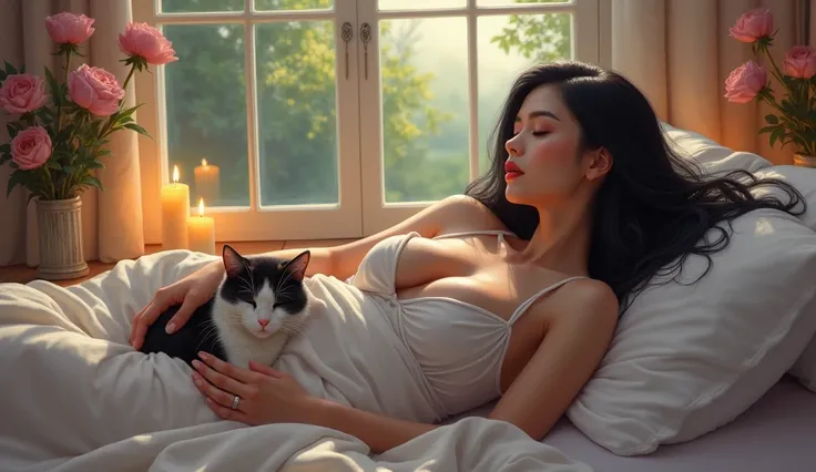 (best qualityer, high resolution:1.2), realistic, colorful lighting, beautifully detailed eyes, long eyelashes, beautifully detailed lips, black hair, Voluptuous girl sleeping, big breast, dream-like atmosphere, soft pillows, cleavage pink negligee, peacef...