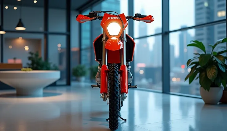 A stunning 2025 Honda  CRF300L dirt bike stands proudly in a sleek, modern showroom. The front view showcases the sleek handlebars, distinctive frame design, and intricate details of the front wheel and brake system. The bikes vibrant orange color contrast...