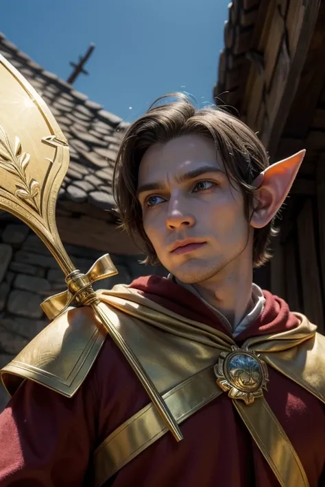 create a wise male elf, imponent, looking slightly from below, in his 20 years, no beard, holding a golden bow
