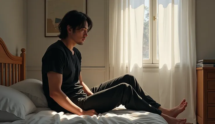 Realistic picture ,a man with shoulder length hair,  sitting sideways on the bed ,feet on the floor wearing black T-shirt, point of view wide ,realistic style, realism