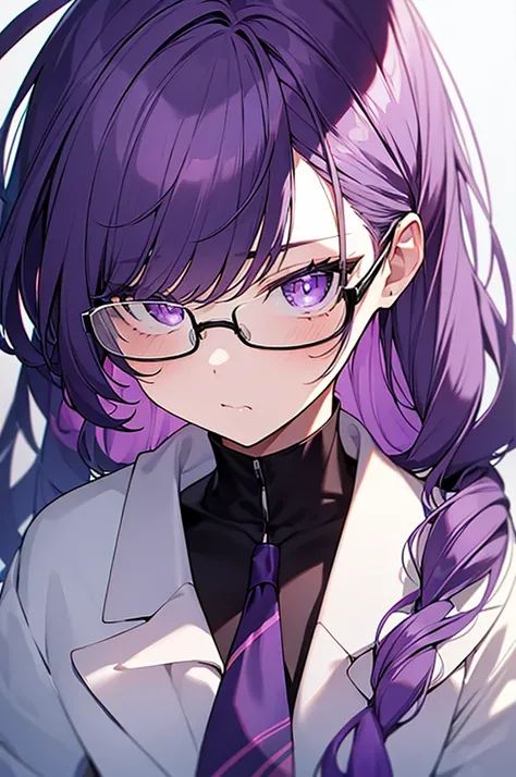 Girl, tall girl, scientist, purple hair, hair tie, white robe, purple shirt, glasses, purple eyes, pouty mouth, serious eyes.