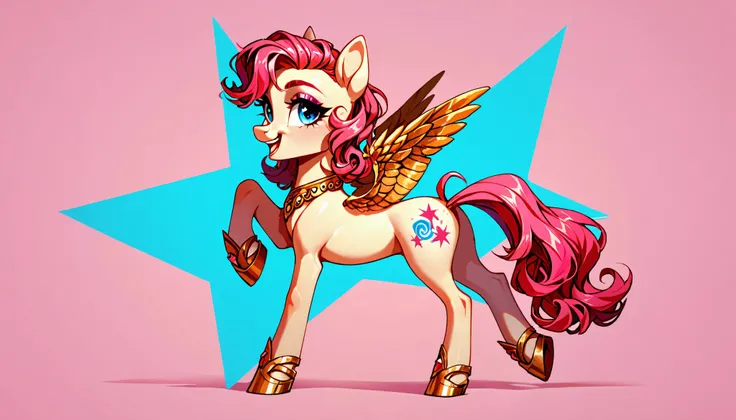 score_9, score_8_up, score_7_up, Fashionable white and gold pony, pink background