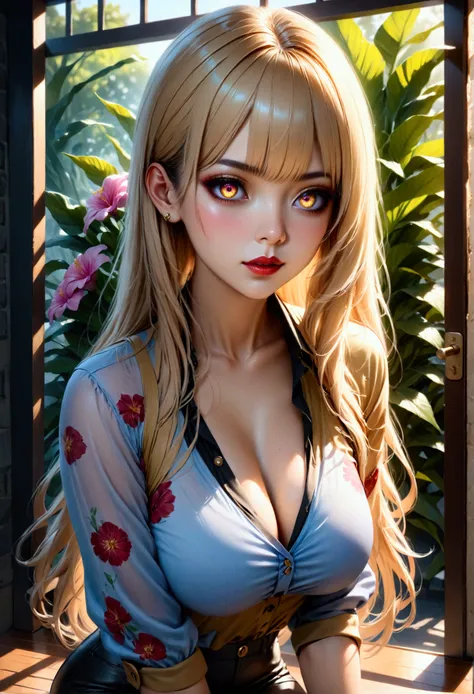 (masterpiece, aesthetic, detailed eyes, realistic), 1girl, mahiru shiina, angel next door spoils me rotten, Long smooth straight golden hair, gradient eyes from purple to golden, large bust, large hips, slim waist, sitting in casual clothes, super detail, ...