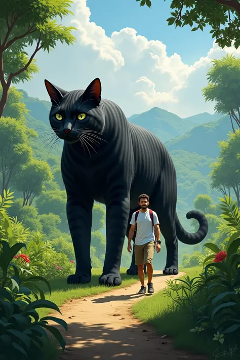 A man walks together in Padang Basir with a giant black striped cat that is dashing and cute