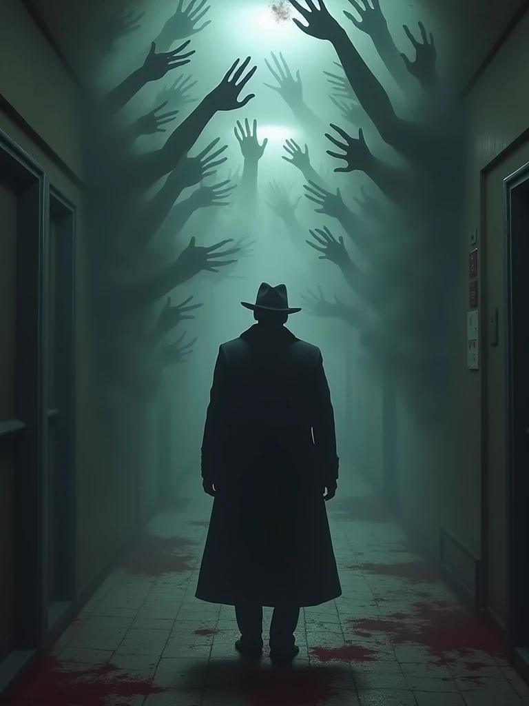  A man in a long black coat and leather hat is alone in a spooky hospital ward，Theres a hundred scary hands behind him who want to eat him。The atmosphere is gloomy and bloody 