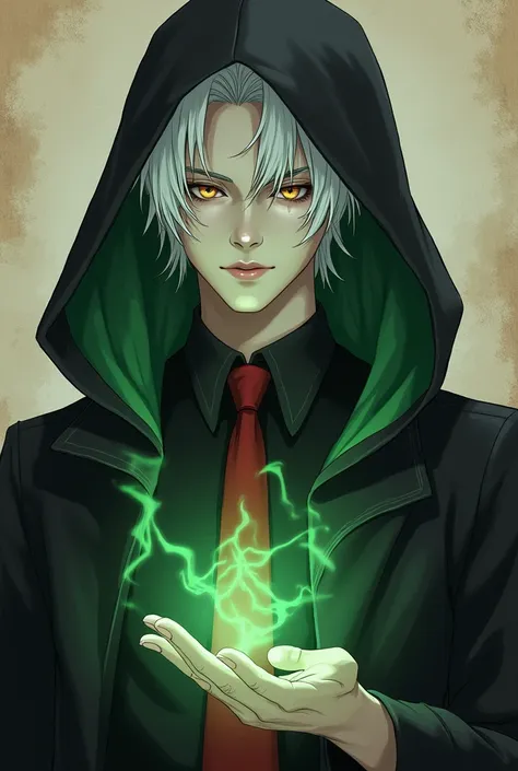 A handsome boy about 18 years old with white hair, and his eyes are amber and he has something like a green aura in one hand. The color of his clothes is black, and the background is a little bit of paper from around the school; his skin is white; he puts ...