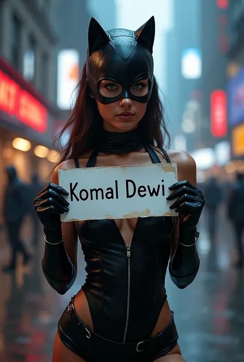  female cosplayer catwoman,  holding paper inscribed  "KOMAL DEWI "  city background and light