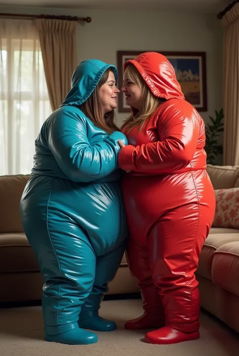  My corpulent ,  35-year-old woman wearing a shiny purple snowsuit in the living room. She has pulled the hood very tight around her head .  She caresses a second corpulent woman ,  wearing a shiny red snowsuit with a tight hood on her head . They both smi...