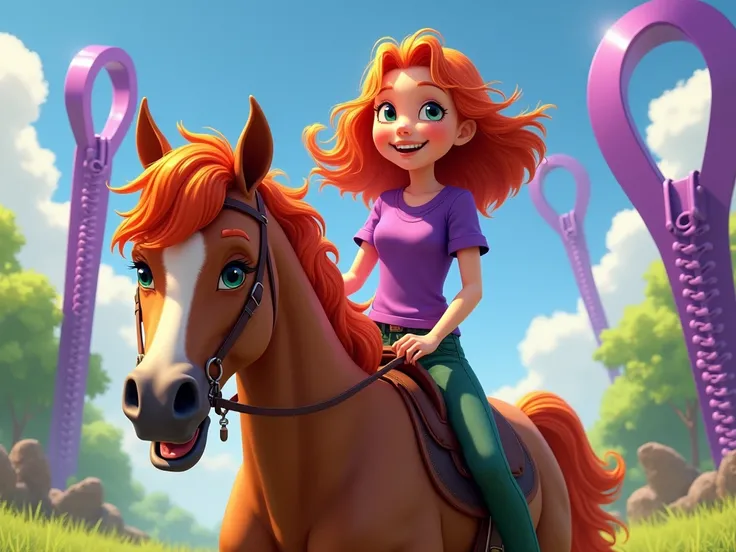  Happy redhead girl rides a horse ,  she is wearing a purple shirt and green jeans. Purple zipper in the background 