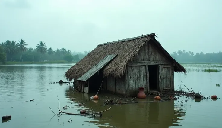 A desolate, partially submerged traditional Kerala hut surrounded by floodwaters. The thatched roof leans precariously, with one side caved in. Stray debris, including broken pots and pieces of wood, floats around the hut. The water reflects the overcast s...