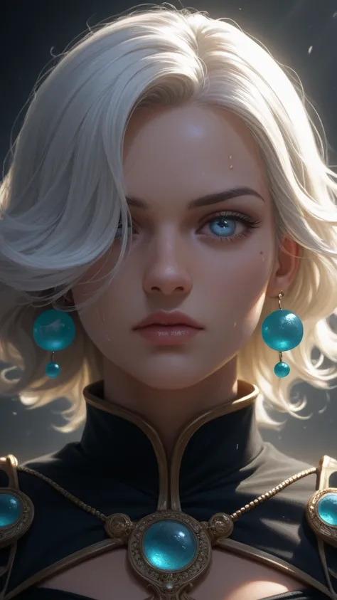 A stunning, hyper-realistic close-up captures the face of a beautiful elven swordswoman, poised for battle. Her intense, beautiful pale blue eyes reflect a fierce resolve, shining with both quiet strength and an underlying vulnerability. The sharp, delicat...