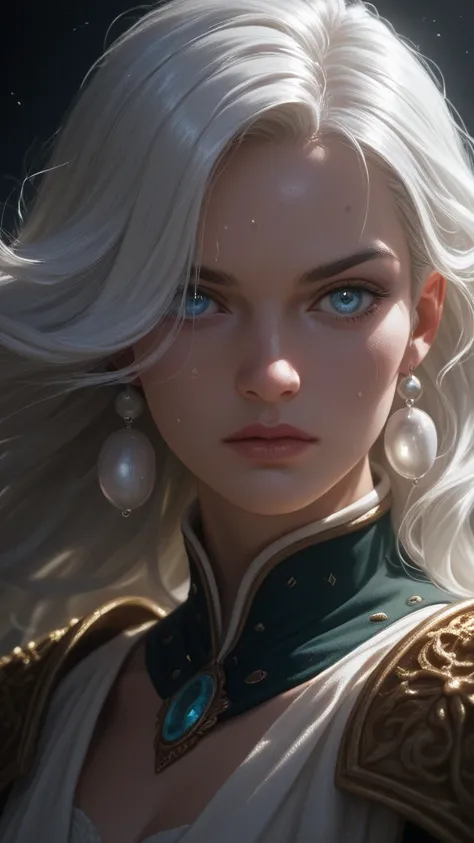 A stunning, hyper-realistic close-up captures the face of a beautiful elven swordswoman, poised for battle. Her intense, beautiful pale blue eyes reflect a fierce resolve, shining with both quiet strength and an underlying vulnerability. The sharp, delicat...