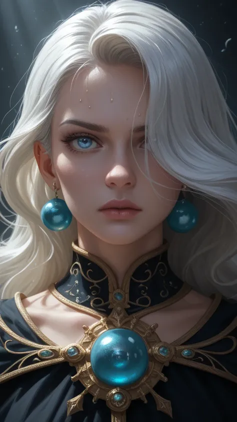 A stunning, hyper-realistic close-up captures the face of a beautiful elven swordswoman, poised for battle. Her intense, beautiful pale blue eyes reflect a fierce resolve, shining with both quiet strength and an underlying vulnerability. The sharp, delicat...