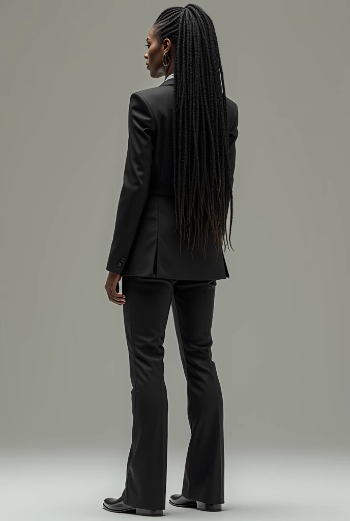 black woman with long black dreadlocks, full body depicted from the back, in a pants suit with jacket, masculine style.